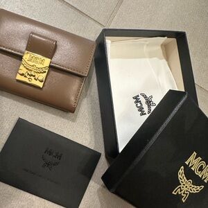 MCM Brown Leather Card Holder with Gold-Tone Logo Plate